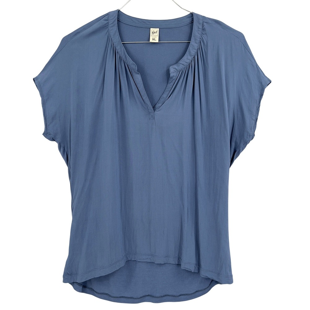 Gef‎ France Womens Short Sleeve Split V-Neck Top Slate Blue High-Low XL